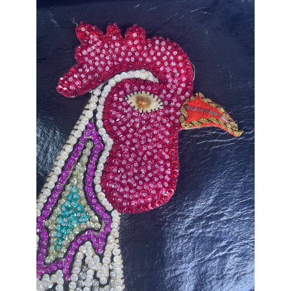 Huge Handmade Beaded Rooster Chicken Sequins 23" Tall Applique  Sparkle Colorful - Picture 2 of 9